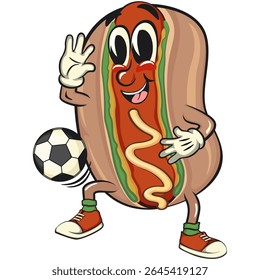 cute hot dog mascot cartoon vector illustration play football or soccer, funny fast food character isolated on transparent background, work of hand drawn