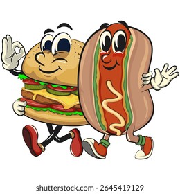 cute hot dog mascot cartoon vector illustration walking with a burger character, funny fast food character isolated on transparent background, work of hand drawn