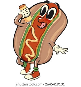cute hot dog mascot cartoon vector illustration give yourself mayonnaise or ketchup sauce, funny fast food character isolated on transparent background, work of hand drawn