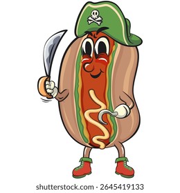 cute hot dog mascot cartoon vector illustration wearing a pirate hat while holding a machete and using hooks, funny fast food character isolated on transparent background, work of hand drawn