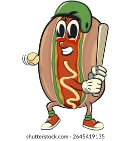 cute hot dog mascot cartoon vector illustration wear a helmet playing baseball, funny fast food character isolated on transparent background, work of hand drawn