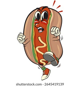cute hot dog mascot cartoon vector illustration jumping and kicking, funny fast food character isolated on transparent background, work of hand drawn