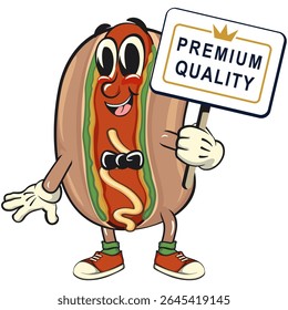 cute hot dog mascot cartoon vector illustration a sign that says premium quality, funny fast food character isolated on transparent background, work of hand drawn