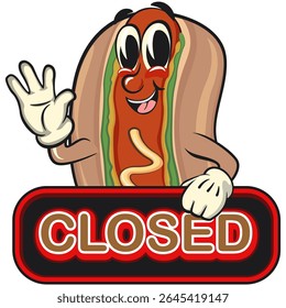 cute hot dog mascot cartoon vector illustration showing a sign that says closed, funny fast food character isolated on transparent background, work of hand drawn
