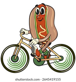 cute hot dog mascot cartoon vector illustration enjoy riding a bike, funny fast food character isolated on transparent background, work of hand drawn