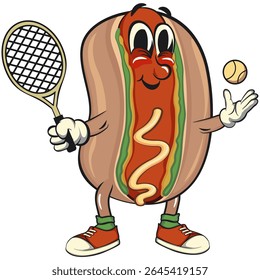 cute hot dog mascot cartoon vector illustration playing tennis, funny fast food character isolated on transparent background, work of hand drawn