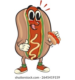 cute hot dog mascot cartoon vector illustration carrying a hotdog while giving a thumbs up, funny fast food character isolated on transparent background, work of hand drawn