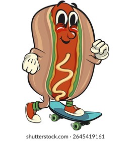 cute hot dog mascot cartoon vector illustration playing skateboard, funny fast food character isolated on transparent background, work of hand drawn