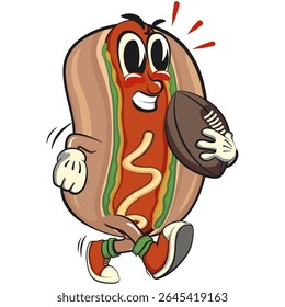 cute hot dog mascot cartoon vector illustration playing rugby or american football, funny fast food character isolated on transparent background, work of hand drawn