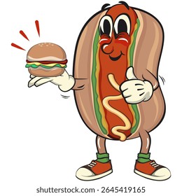 cute hot dog mascot cartoon vector illustration carrying a burger while giving a thumbs up, funny fast food character isolated on transparent background, work of hand drawn