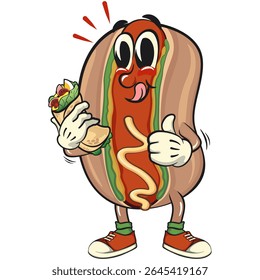 cute hot dog mascot cartoon vector illustration have a burritos while giving thumbs up, funny fast food character isolated on transparent background, work of hand drawn
