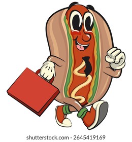 cute hot dog mascot cartoon vector illustration with a suitcase rushing to the office, funny fast food character isolated on transparent background, work of hand drawn