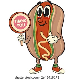 cute hot dog mascot cartoon vector illustration say thank you, funny fast food character isolated on transparent background, work of hand drawn