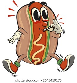 cute hot dog mascot cartoon vector illustration blowing the whistle, funny fast food character isolated on transparent background, work of hand drawn