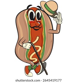 cute hot dog mascot cartoon vector illustration carrying a stick and saluting with raised hat, funny fast food character isolated on transparent background, work of hand drawn