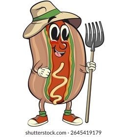 cute hot dog mascot cartoon vector illustration as farmer in hat with his fork, funny fast food character isolated on transparent background, work of hand drawn