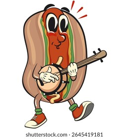 cute hot dog mascot cartoon vector illustration playing the banjo musical instrumen, funny fast food character isolated on transparent background, work of hand drawn