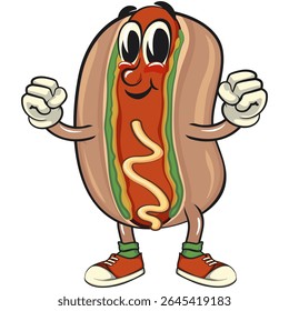 bonitinho mascote de cachorro-quente ilustração vetor de desenhos animados ser saudável e forte o suficiente para se tornar um campeão, engraçado personagem de fast food isolado no fundo transparente, trabalho de mão desenhada