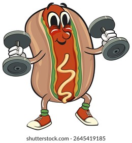 cute hot dog mascot cartoon vector illustration doing barbell lifting workout, funny fast food character isolated on transparent background, work of hand drawn