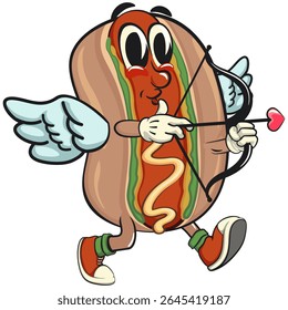 bonitinho mascote de cachorro quente ilustração vetor tornar-se um cupido com asas de anjo e a seta do amor, personagem de fast food engraçado isolado no fundo transparente, trabalho de mão desenhada