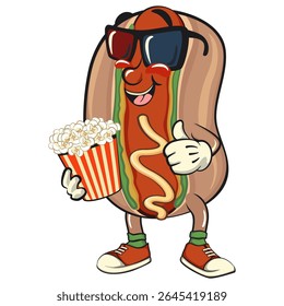 cute hot dog mascot cartoon vector illustration with a bucket of popcorn with wearing 3d glasses, funny fast food character isolated on transparent background, work of hand drawn
