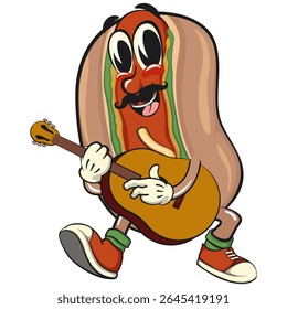 cute hot dog mascot cartoon vector illustration with moustache playing guitar, funny fast food character isolated on transparent background, work of hand drawn