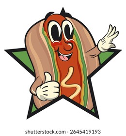 cute hot dog mascot cartoon vector illustration out from of a star by giving a thumbs up sign, funny fast food character isolated on transparent background, work of hand drawn