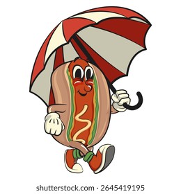 cute hot dog mascot cartoon vector illustration walking with an umbrella, funny fast food character isolated on transparent background, work of hand drawn