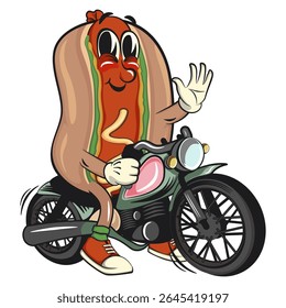 cute hot dog mascot cartoon vector illustration riding a big motorcycle, funny fast food character isolated on transparent background, work of hand drawn