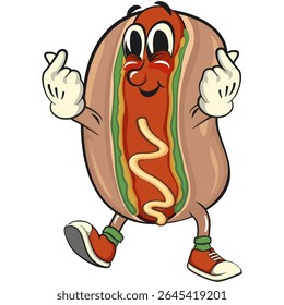 cute hot dog mascot cartoon vector illustration giving a sign of love with two hand, funny fast food character isolated on transparent background, work of hand drawn