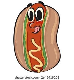 cute hot dog mascot cartoon vector illustration, funny fast food character isolated on transparent background, work of hand drawn