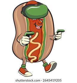 cute hot dog mascot cartoon vector illustration entering virtual reality with technology, funny fast food character isolated on transparent background, work of hand drawn