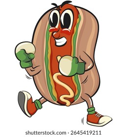 cute hot dog mascot cartoon vector illustration boxing wearing boxing glove, funny fast food character isolated on transparent background, work of hand drawn
