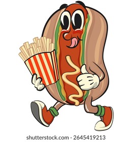 cute hot dog mascot cartoon vector illustration brought a box of french fries, funny fast food character isolated on transparent background, work of hand drawn
