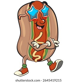 cute hot dog mascot cartoon vector illustration wearing stars shaped beach sunglasses, funny fast food character isolated on transparent background, work of hand drawn