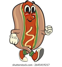 cute hot dog mascot cartoon vector illustrationt walking, funny fast food character isolated on transparent background, work of hand drawn