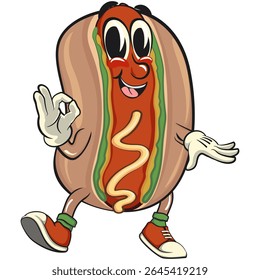 cute hot dog mascot cartoon vector illustration dancing while giving the okay sign, funny fast food character isolated on transparent background, work of hand drawn