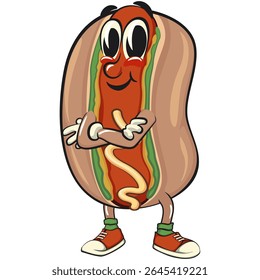 cute hot dog mascot cartoon vector illustration folding his arms calmly, funny fast food character isolated on transparent background, work of hand drawn