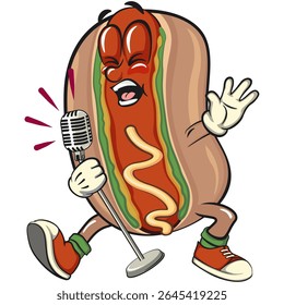 cute hot dog mascot cartoon vector illustration singing with great emotion, funny fast food character isolated on transparent background, work of hand drawn