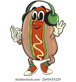 cute hot dog mascot cartoon vector illustration listening to headset while dancing calm, funny fast food character isolated on transparent background, work of hand drawn