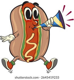 cute hot dog mascot cartoon vector illustration blow the party horn trumpet, funny fast food character isolated on transparent background, work of hand drawn