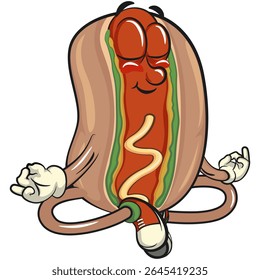 cute hot dog mascot cartoon vector illustration meditating, funny fast food character isolated on transparent background, work of hand drawn
