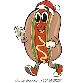 cute hot dog mascot cartoon vector illustration wearing a Santa Claus hat,, funny fast food character isolated on transparent background, work of hand drawn