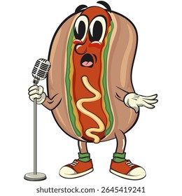 bonitinho mascote de cachorro quente ilustração vetor na frente do microfone tornar-se um comediante stand up, engraçado fast food personagem isolado no fundo transparente, trabalho de mão desenhada