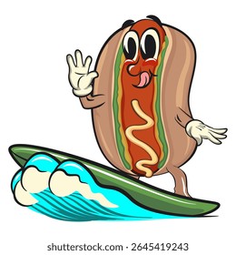 cute hot dog mascot cartoon vector illustration surfing riding the waves, funny fast food character isolated on transparent background, work of hand drawn