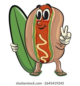 cute hot dog mascot cartoon vector illustration with surfboard and gave a peace sign, funny fast food character isolated on transparent background, work of hand drawn