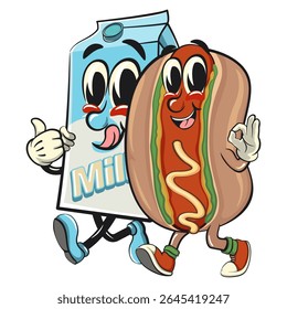 cute hot dog mascot cartoon vector illustration walking with the cute milk box character giving a thumbs up, funny fast food character isolated on transparent background, work of hand drawn