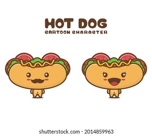 cute hot dog mascot, food cartoon illustration, isolated on white background