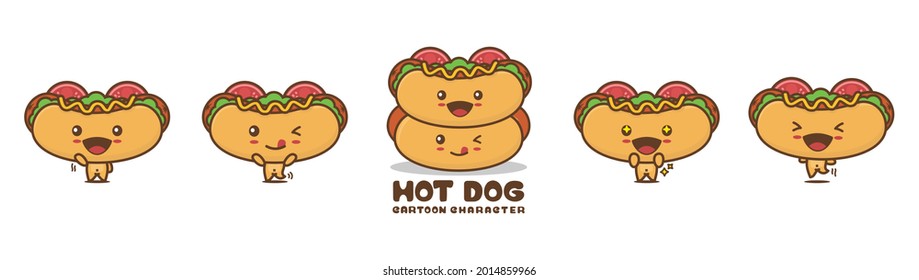 cute hot dog mascot, food cartoon illustration, with different facial expressions and poses, isolated on a white background