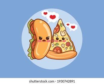 cute hot dog and pizza slice couple concept. cartoon character and illustration.